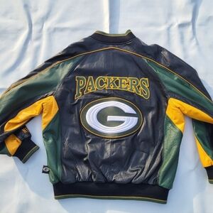 Vintage Green Bay Packers NFL 90s Black Leather Bomber Mens